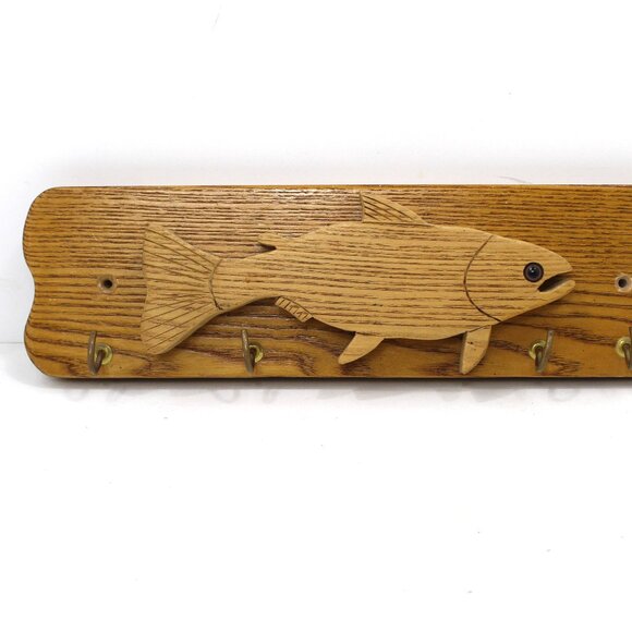 Vintage Solid Oak Fish 'n Creations 2003 Key Holder w/Salmon Fish Signed 4 Hooks - Picture 3 of 7